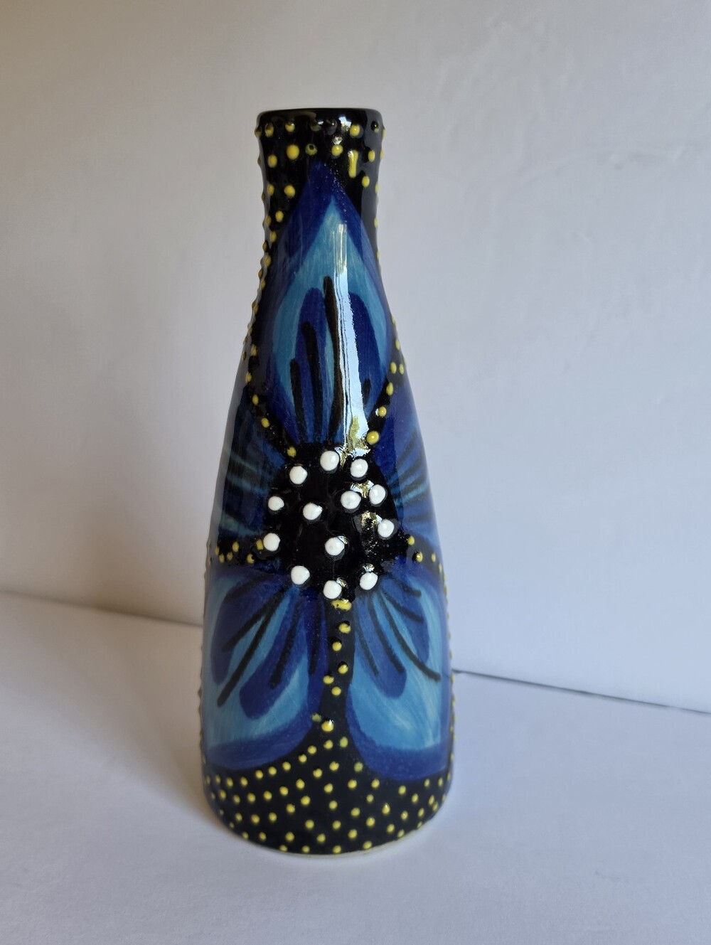 Ivanros Hand Painted 7.5" Flower Vase Blue Floral Dotted ~ Made in Spain